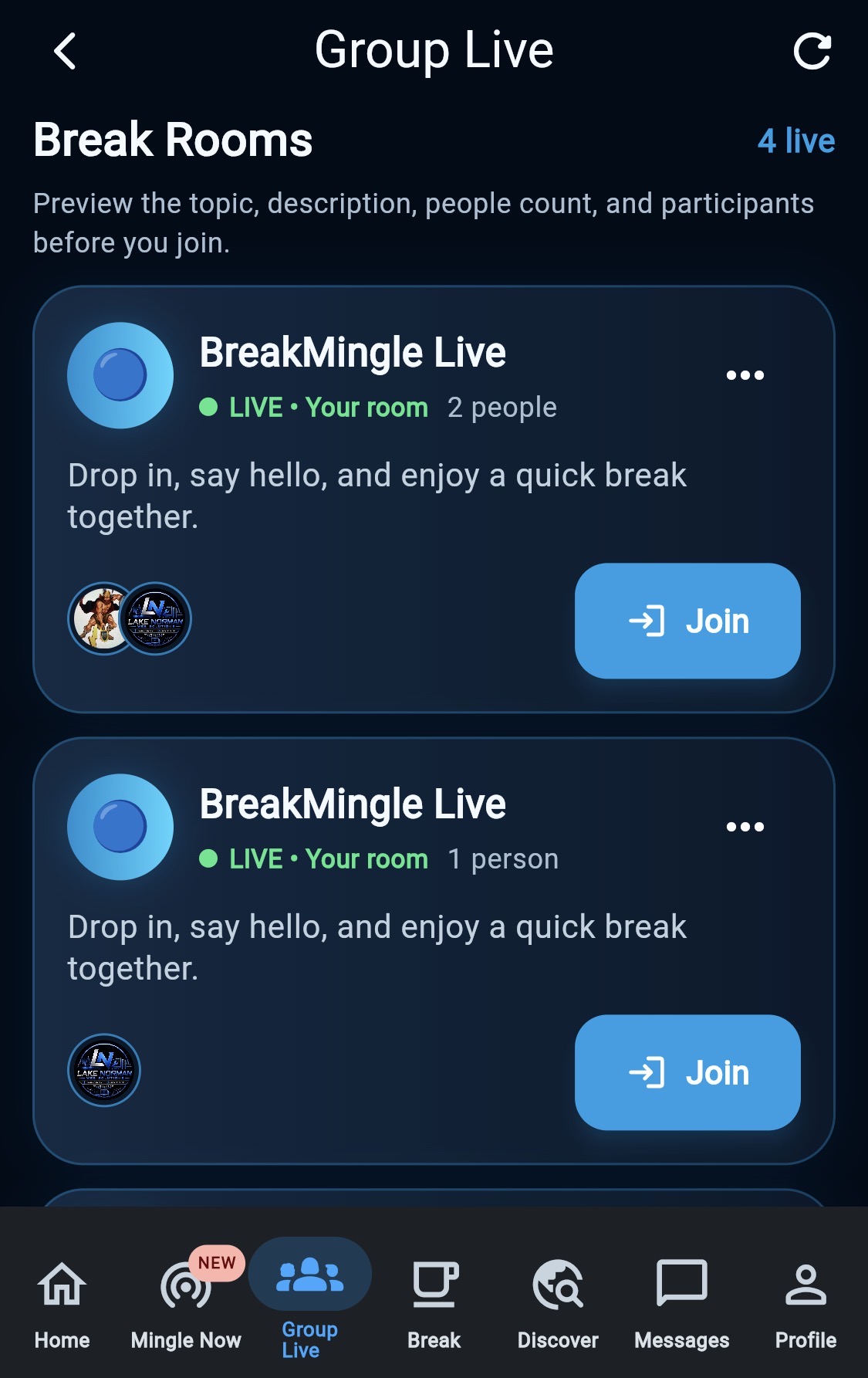 BreakMingle Group Live screen showing live Break Rooms with video, audio and text options