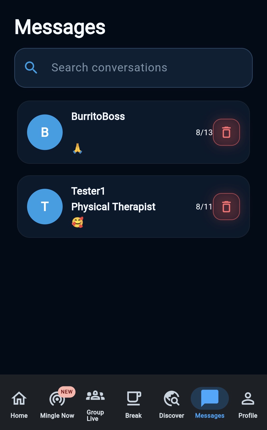 BreakMingle messaging screen showing private conversations