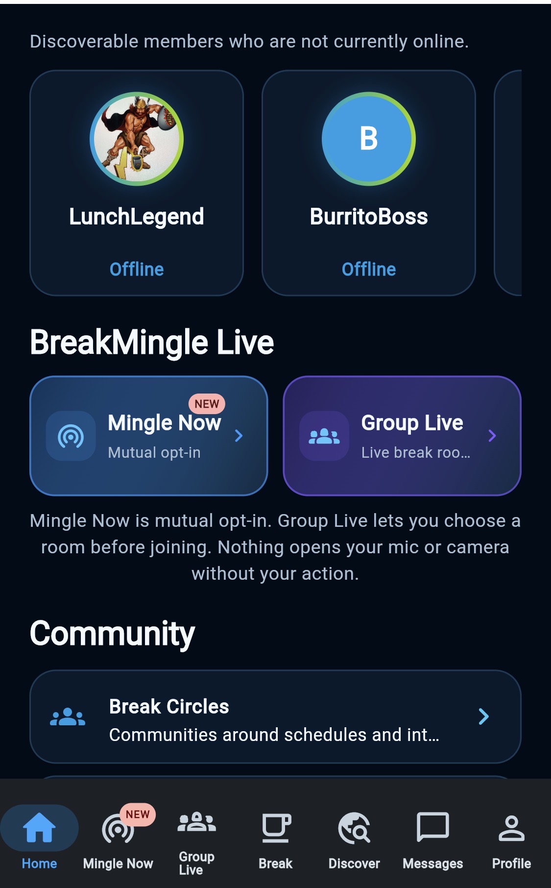 BreakMingle Mingle Now screen showing available people with Mingle and Skip actions